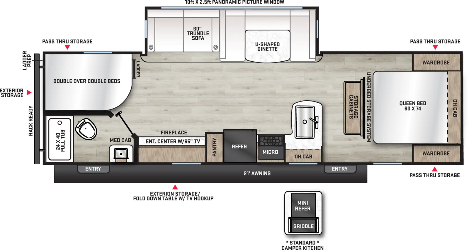 The Catalina Legacy Edition 273DBHCK floorplan has two entries and one slide out. Exterior features include: metal exterior, 21' awning and outside kitchen. Interiors features include: bunk beds, u-dinette and front living.